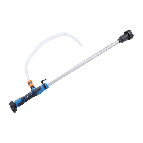 Heavy Duty Cordless Water Transfer Pump For Kicking Floodwater Out Of Pools And Basements Fast With A Slick Portable Handheld Battery Sump featuring a long nozzle.