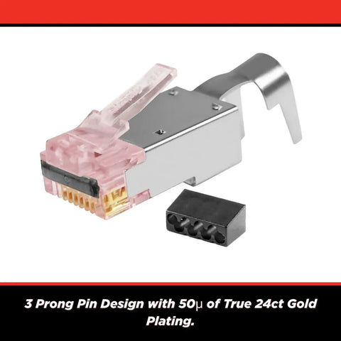 Pro Grade Cat6 Cat6A Shielded RJ45 Pass Through Modular Plugs 8P8C 24K Gold Plated Crimp Connector Bar45 close-up