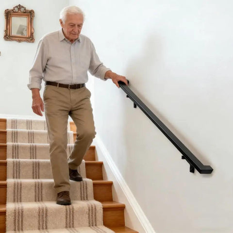 Step Up Your Game With This Four Foot Aluminum Handrail Kit For Indoor And Outdoor Stairs Featuring Hella Tough Matte Black Finish Quick Snap Stainless Brackets And ADA Compliant Grip used by an elderly man on a staircase.