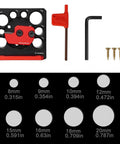 Heavy Duty Aluminum Adjustable Drill Dowel Jig With Carbide Cutter Bit For Sweet Round Profiles And Zero Hassle Woodshop Projects Quick Turn Knobs Covering Eight Through Twenty Millimeters includes jig, cutter, wrench, and screws.