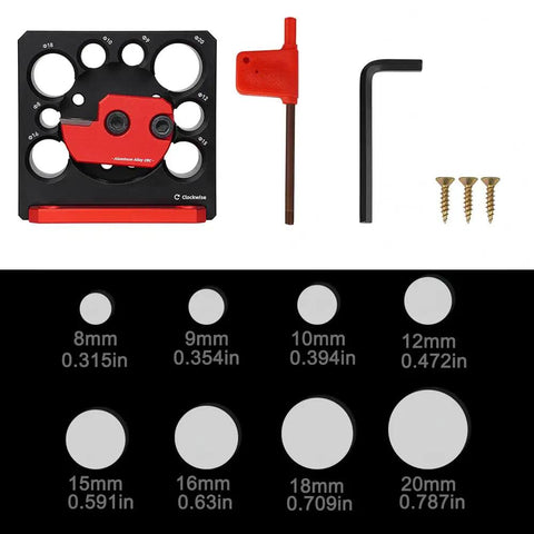 Heavy Duty Aluminum Adjustable Drill Dowel Jig With Carbide Cutter Bit For Sweet Round Profiles And Zero Hassle Woodshop Projects Quick Turn Knobs Covering Eight Through Twenty Millimeters includes jig, cutter, wrench, and screws.