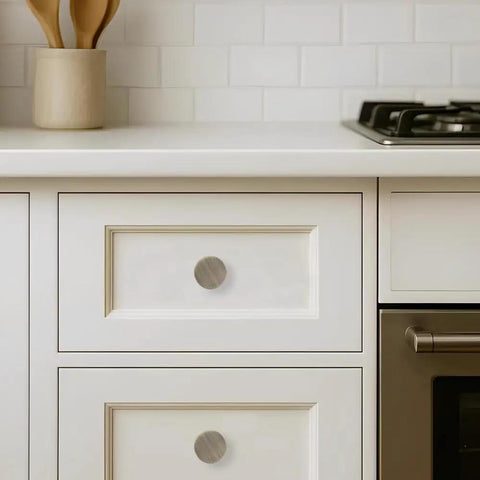 Rad 1 Inch Brushed Antique Brass Cabinet Knobs 5 Pack With Badass Grip And Fluted Design For Kitchen Cabinets And Bathrooms Solid Vintage Hardware That Is Totally Fire And Cool, shown on white drawers.