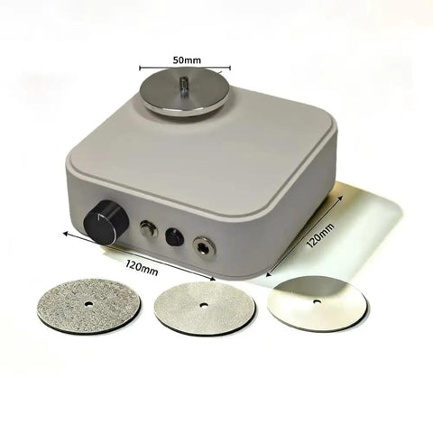 Top Shelf Rechargeable Electric Floor Grinder Offering Precision Aluminum Base And Triple Diamond Discs For Smooth Stone Polishing and Zero Hassle Job Site Finishing, showing device with diamond discs.