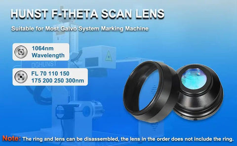 F Theta Scan Lens Field 110x110mm With 163mm Focal Length for Fiber Laser Engravers, black optical lens on blue background