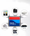 Rock Solid Compact Flash Type I 512 MB Memory Card showcasing compatibility with digital cameras, CNC machines, and industrial devices.