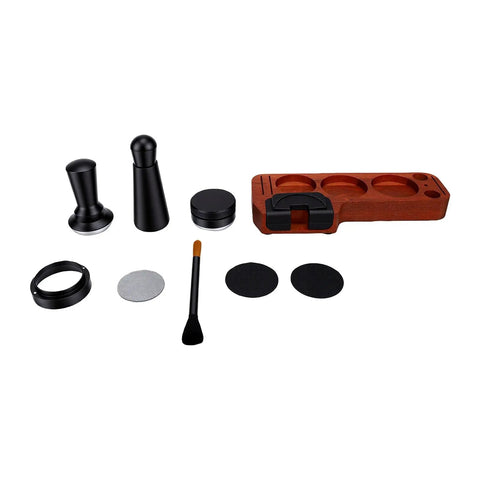 51mm Espresso Distributor And Tamper Set With Spring Loaded Action For Nailed It 30 Lb Pressure, includes tampers, funnel, and tools.