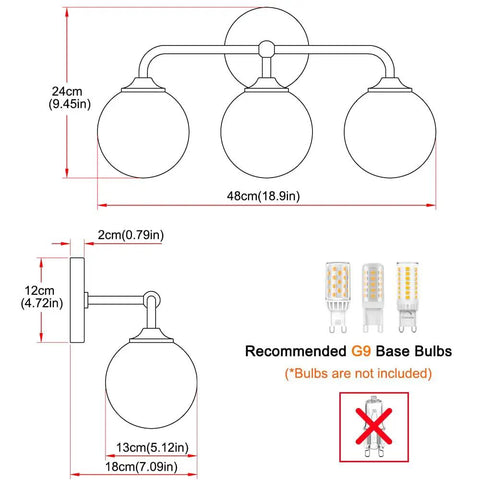 Dope Mid Century 3 Light Vanity Fixture With Smooth Brushed Gold Finish And Soft Milky White Glass Ball Shades dimensions and bulb recommendations.