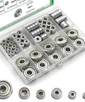 Front view: 68-piece ball bearing kit in a clear plastic case, six sizes, carbon steel, double shielded.