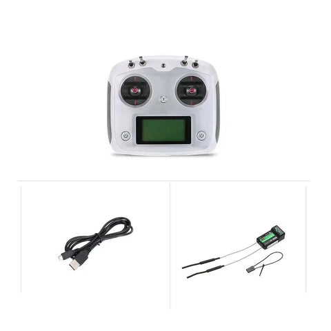 10 Channel 2.4G AFHDS 2A RC Transmitter With FS iA6B Receiver for Quadcopter Drone, transmitter, receiver, and USB cable view