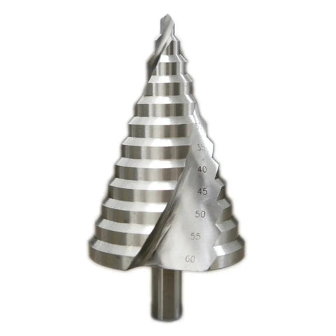 Built Like A Tank HSS Step Drill Bit 6-60mm spiral grooves hole cutter shown at an angle with marked measurements for precision.