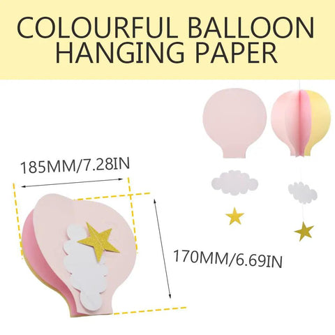 Colorful Hot Air Balloon Paper Garland Set 5 Pieces For Room Party Decor With Clouds And Stars Easy To Hang Festive Wedding Birthday Shower Fun Backdrop Perfect For Baby Showers And More features dimensional sizes and components
