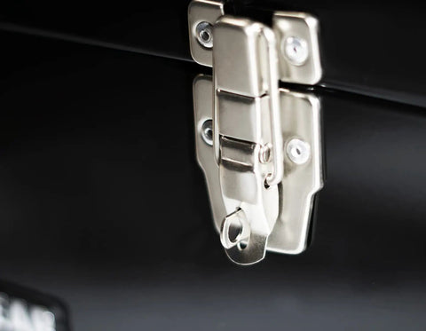 Close-up of metal latch on 16 Inch Portable Steel Heavy Duty Tool Box With 18 Gauge Construction, Metal Latch And Red Handle, Flat Top Carry Box