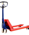 Heavy Duty Manual Pallet Truck Slams 8 Ton Loads With Rock Solid Hydraulic Power featuring red and blue design.