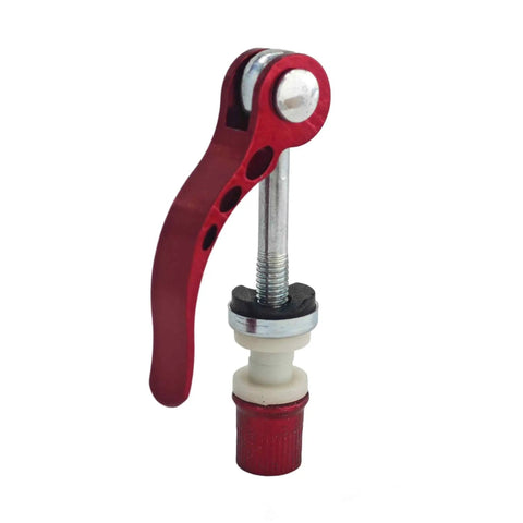 Red quick release pin from 4 Pack 6mm Bike Seatpost Quick Release Pins Alloy Seatpost Clamp Bolts Universal Binder Skewer for Mountain and Road Bikes Replacement Parts Black and Red