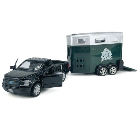 1/36 Scale Diecast Pickup Truck With Trailer And Horse Transporter Open Doors Farm Rig, metal toy car for kids, detachable trailer