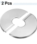 Solid Stainless Steel Split Flange Pipe Collar With Hassle Free Peel Stick Grip Heavy Duty Clip On Escutcheon Trim Ring For Walls Floors Ceilings Bathroom Kitchen Toilet Pipe Covers Two Pack, two pieces, brushed silver finish