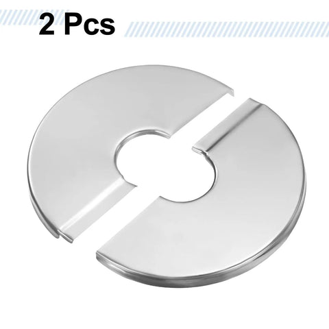 Solid Stainless Steel Split Flange Pipe Collar With Hassle Free Peel Stick Grip Heavy Duty Clip On Escutcheon Trim Ring For Walls Floors Ceilings Bathroom Kitchen Toilet Pipe Covers Two Pack, two pieces, brushed silver finish