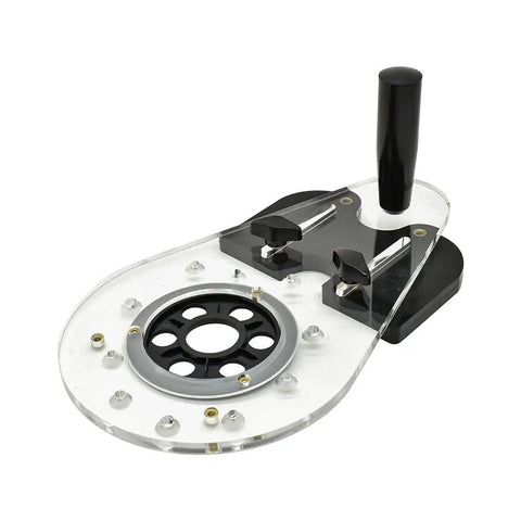 Universal Offset Router Base Plate For Precision Woodworking Clear Acrylic Foot With Reversible Edge Guide showing clear base and adjustments