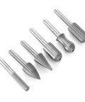 Heavy Duty Tungsten Carbide Burrs Six Pack Built Tough For Wood Carving And Metal Engraving With 6mm Shank, assorted shapes.