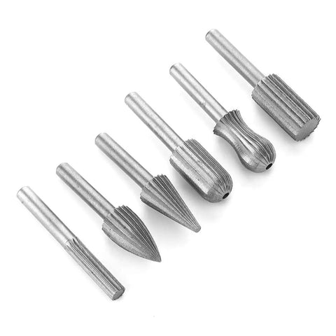 Heavy Duty Tungsten Carbide Burrs Six Pack Built Tough For Wood Carving And Metal Engraving With 6mm Shank, assorted shapes.