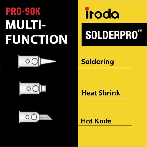 Graphic of SolderPro 90K Professional Butane Soldering Iron Kit showing multi-function tips for soldering, heat shrink, and hot knife.