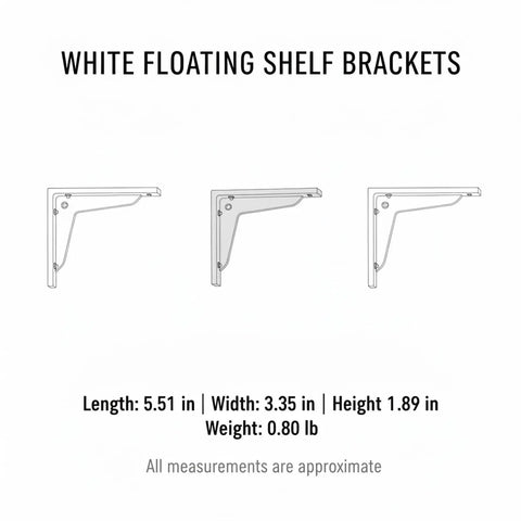 Diagram showing hidden wall mount floating shelf brackets in white steel, highlighting dimensions and weight.