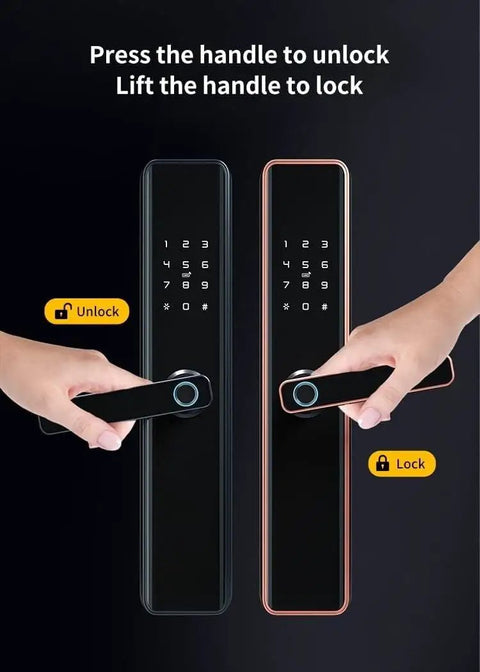 Slick Fingerprint Door Lock Delivering Dead Easy App Pairing And Rock Solid Setup for Tight Home Security, black and gold handles.