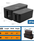 Two Pack Cable Management Box Organizer Set With Two Sizes Medium And Small, dimensions displayed, black color, side view