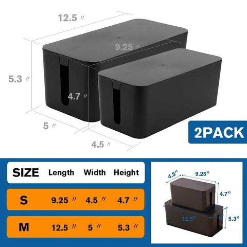 Two Pack Cable Management Box Organizer Set With Two Sizes Medium And Small, dimensions displayed, black color, side view