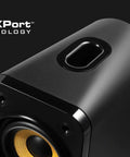 Close-up of GigaWorks T40 Series II 2.0 Multimedia Speaker with BasXPort Technology top view, enhancing bass without a subwoofer.