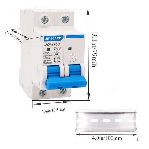 Front view of 32A 400V Miniature Circuit Breaker Two Pole Go-To AC Disconnect Switch C32 Din Rail Mount DZ47-63 Style Protective Breaker