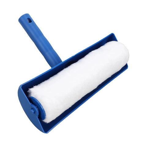 Heavy Duty 10 Inch Paint Roller With Integrated Spatter Shield For Ceilings And Walls Easy Roll Zero Drip No Mess straight up, blue handle and roller.