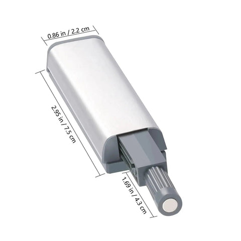 Magnetic Push Cabinet Latch Set For Self Closing Doors With Stainless Steel Bumpers And Soft Close Hardware, dimensions shown.
