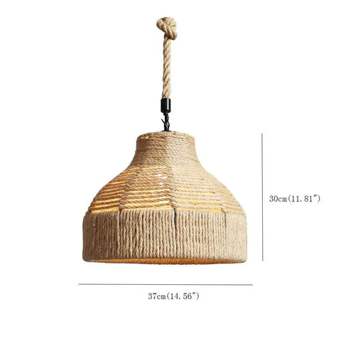 Coastal Rope Rattan Handwoven Pendant Lamp In Natural Finish, Boho Chic Suspension Light for living room, dimensions 37x30cm