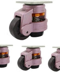 Badass Heavy Duty Adjustable Leveling Casters Four Pack Dark Blue Swivel Wheels With Lock Brakes Galvanized Steel Plate Smooth Rolling Rubber Treads Easy Install Floor Safe close-up of caster wheel with brake, pink color and rubber tread.