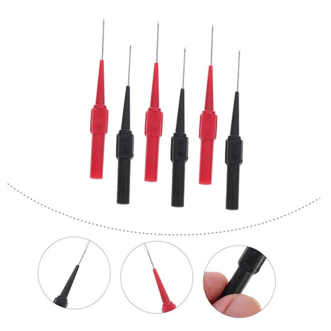 Six Pack Wire Piercing Probes For Multimeters, Precision Test Leads With Metal Tips shown in black and red with close-up details
