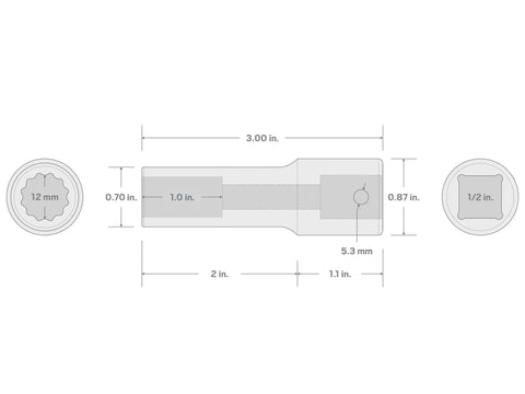 Beefy Half Inch Drive 12 mm Deep 12 Point Impact Socket dimensions diagram and size markings
