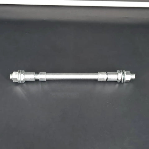 Beefed Up Aluminum Mag Wheel Axles And Bearings Set For 26 Inch 700C And 29 Inch Bikes Front Black Rear Silver Hubs Upgrade Kit With 6000 And 6200 Bearings And Accessories showing a single axle on black background