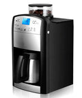 No Fuss Fully Automatic Drip Coffee Maker With Built In Grinder, Large Capacity One Touch Brew System, sleek black design and digital display.