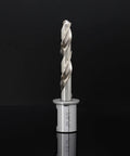 Front view of a silver 3/8-inch annular cutter with spiral flutes on a Weldon shank for magnetic drill press.