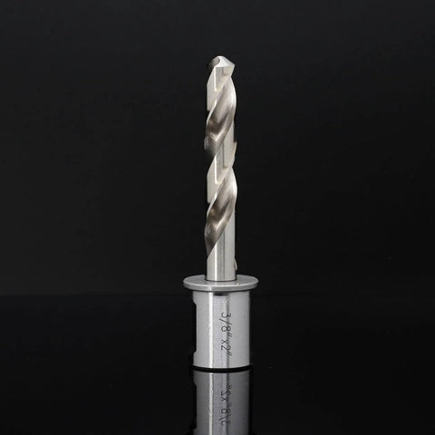 Front view of a silver 3/8-inch annular cutter with spiral flutes on a Weldon shank for magnetic drill press.