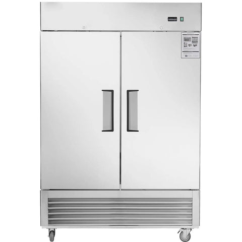 Industrial Grade 54 Inch Commercial Upright Refrigerator With Two Solid Doors And Plenty Of Space Keeping Your Goods Kickin Cold On The Regular For Bars Restaurants Or Shop Garages front view with stainless steel finish.