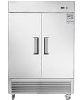 Rock Solid Heavy Duty Commercial Refrigerator With Two Solid Doors 42 Cubic Feet Stainless Steel Upright Fridge front view.