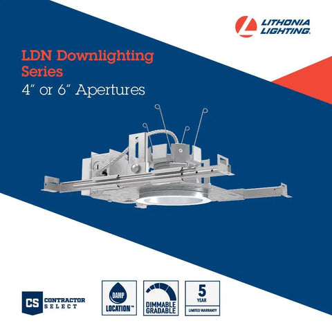 6 Inch New Construction LED Downlight With Non-IC Housing, 2000 Lumen, 3500K Warm White, 0-10V Dimming components displayed