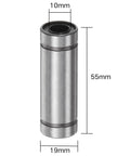 Front view of LM10LUU linear ball bearing, 10mm bore, 55mm long, metal body with double-sided rubber seals.