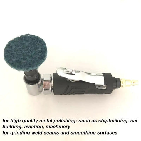 Precision Workhorse Pneumatic Angle Die Grinder 20000 Rpm 90 Degree Mini Sander Polisher Tool Kit With Four 2 Inch Sanding Discs for polishing metal surfaces.