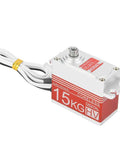 Hardcore 15Kg Digital Steering Servo Built Different Kickin It With A Savage Coreless Brushless Motor And Beefy All Metal Gears For Rc Car Truck Builds In Scarlet, close-up view of silver servo with red label.
