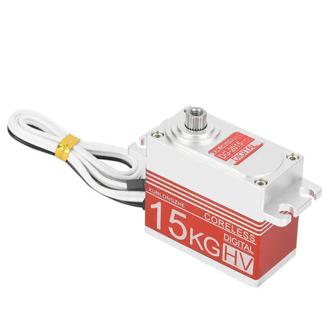 Hardcore 15Kg Digital Steering Servo Built Different Kickin It With A Savage Coreless Brushless Motor And Beefy All Metal Gears For Rc Car Truck Builds In Scarlet, close-up view of silver servo with red label.