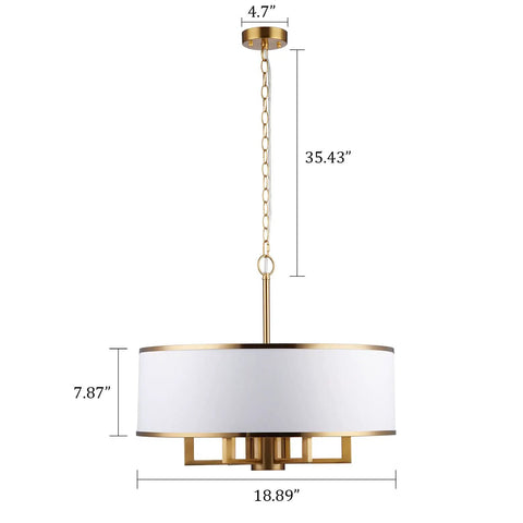 Black Drum Chandelier With Adjustable Chain Link, 19-Inch, 5 Lights, White Fabric Shade, Modern Pendant Lighting for rooms