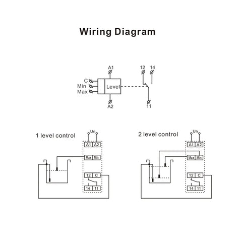 Wiring diagram for Two Or One Level Control Mode Liquid Timer Relay With Sensor 1SPDT Output Adjustable Delay 0.1 To 10 Seconds